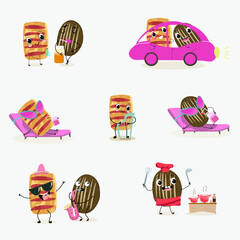Baked food funny characters, hand drawn vector illustration.