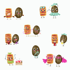 Baked food funny characters, hand drawn vector illustration.
