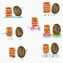 Baked food funny characters, hand drawn vector illustration.