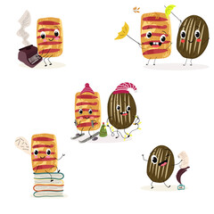Baked food funny characters, hand drawn vector illustration.