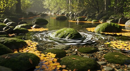 Sunlit forest creek where water gently whisks autumn foliage around vibrant green mossy rocks.
