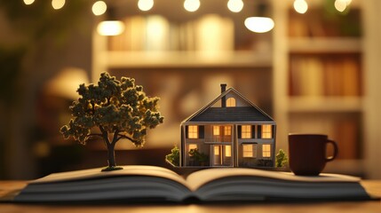 A Creative Concept of a House Model Sitting on an Open Book with a Tree and a Coffee Mug, Representing Imagination and Storytelling in a Cozy Atmosphere