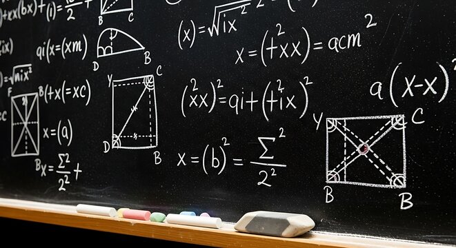 A chalkboard filled with complex mathematical equations and geometric figures, showcasing various formulas and diagrams.