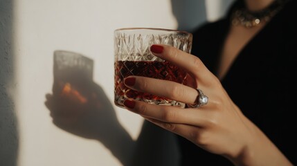 Woman holds glass of Whiskey during the day in bright light