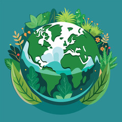 Vector art of happy earth day with lush green foliage surrounding the globe
