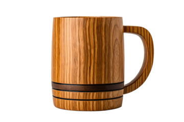A rustic handcrafted wooden beer mug with a sturdy handle, showing natural wood grain texture. Isolated on a clean white background.