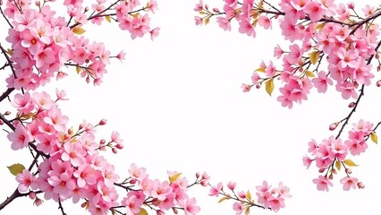 Fototapeta premium Pink cherry blossom branches form a beautiful border, embodying the vibrant bloom of springPink cherry blossom branches form a beautiful border, embodying the vibrant bloom of spring