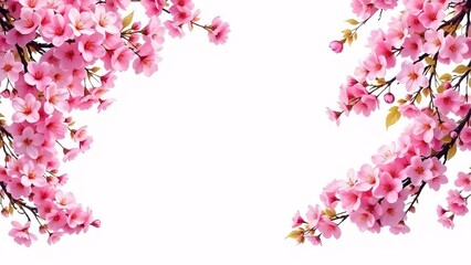 Pink cherry blossom floral frame with blooming spring flowers border