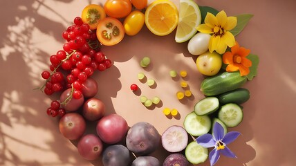 Colorful rainbow circle of fresh fruits and vegetables