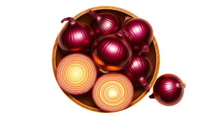 Red onions in a basket with two cut in half isolated on transparent background