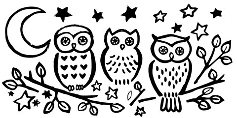 A collection of Owls & Night Creatures hand-drawn vector set. Vector illustration.
