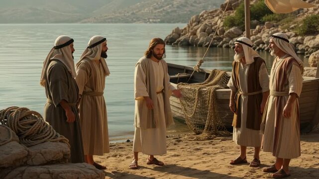 Jesus Christ teaching discliples new testament. Men in ancient robes on beach with boat. Biblical era footage.