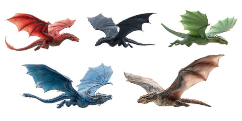 Set of dragons isolated on transparent background.