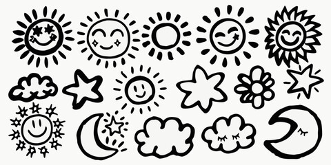 Sun & Sky Motifs hand-drawn vector set. Simple abstract Sun & Sky Motifs silhouette set for nature black paint art. Vector illustration.