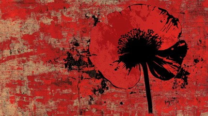 Abstract depiction of a single black poppy flower set against a vibrant red and textured background, showcasing artistic design elements and bold colors for creative projects.