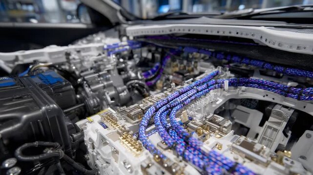 Efficiently routed car wiring harness connects sensors and control units with precision-wrapped cables and plastic guides.
