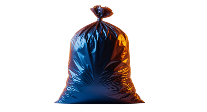 Full black garbage bag tied at the top isolated on transparent background