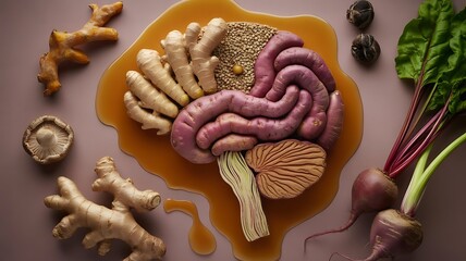 Brain shaped food arrangement with ginger, beetroot, and mushrooms