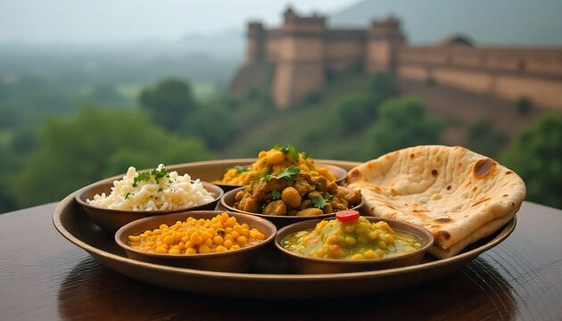 Royal Rajasthani thali with dal baati churma, gatte ki sabzi, ker sangri, and bajra roti on a brass plate with a palace-style background