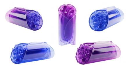 3D rendering of five abstract jewel-filled capsules with colorful transparent shells against a white backdrop implying futuristic technology and potential pharmaceutical use