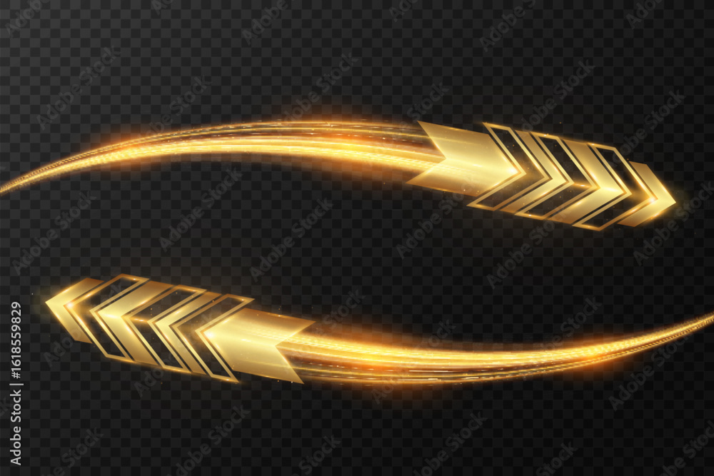 Poster golden glowing arrow with light trail, shiny dynamic tech symbol, futuristic abstract direction shap