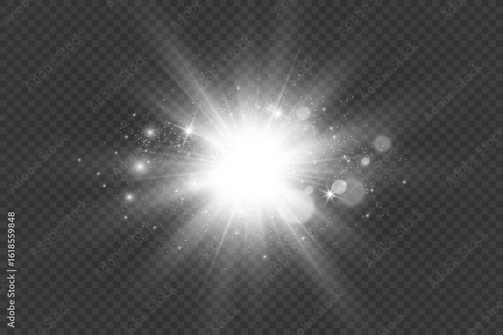 Poster white beautiful light explodes with a transparent explosion. vector, bright illustration for perfect