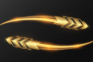 Golden glowing arrow with light trail, shiny dynamic tech symbol, futuristic abstract direction shape on dark background, fast motion speed concept.