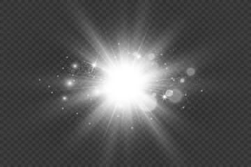 White beautiful light explodes with a transparent explosion. Vector, bright illustration for perfect effect with sparkles. Bright Star. Transparent shine of the gloss gradient, bright flash.