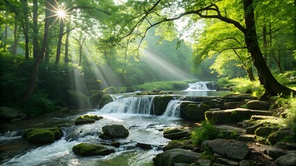 Sunlight streams through lush forest canopy onto cascading waterfall and mossy rocks