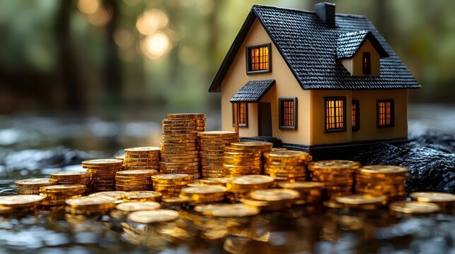 A house model surrounded by a waterfall of golden coins symbolizing wealth and prosperity