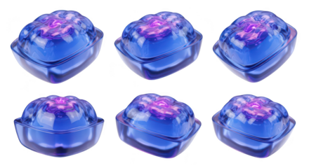 Array of glowing blue gem-like objects on white background suggesting futuristic tech or cosmetics concepts