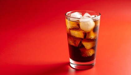 Refreshing Cola with Ice on Red Background