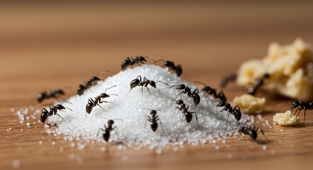 Closeup of a group of ants on top of a pile of sugar