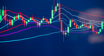 Stock Market Chart with Red and Green Candlesticks on a Dark Blue Background