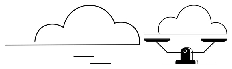 Cloud hovering over a balanced seesaw, symbolizing balance, decision-making, data strategy, and sustainability. Ideal for technology, innovation, teamwork, cloud computing sustainability