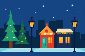  a charming winter scene with decorated trees and buildings under a starry night sky vector illustration