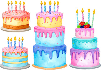 Colorful birthday cakes with candles and icing. Sweet decorated cakes for a celebration. Beautiful cakes with frosting and birthday candles. Delicious birthday cakes in bright colors
