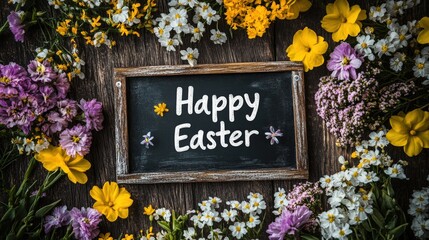 Beautiful floral arrangement surrounding a chalkboard sign wishing a joyful Happy Easter, perfect for spring festivities and holiday celebrations with vibrant colors and textures.