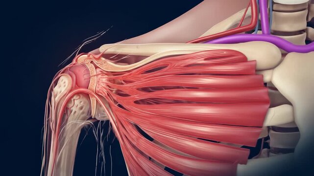 X-ray rendering of shoulder joint and upper back muscles showing anatomical muscle fibers and connective tissues, perfect for physiotherapy and muscle education.
