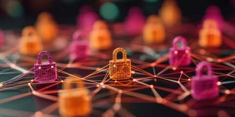 Digital security concept with colorful padlock icons connected by network lines, symbolizing
