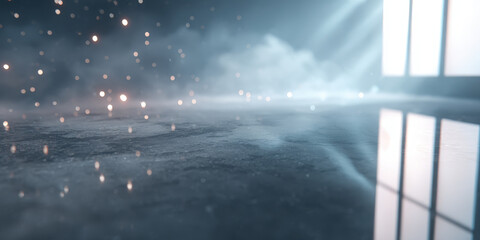 Soft light beams shine through window reflecting on smooth floor with floating dust particles