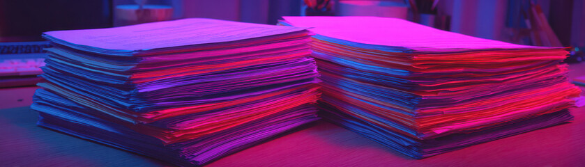 Stack of paper document with colorful lighting creating vibrant office atmosphere