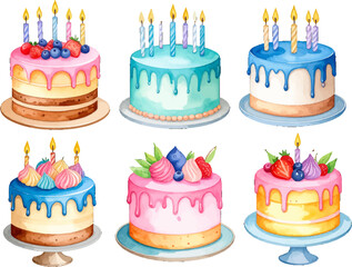 Colorful birthday cakes with candles and toppings. Happy birthday cakes with bright frosting and candles. Sweet cakes with colorful icing and party decorations. 
