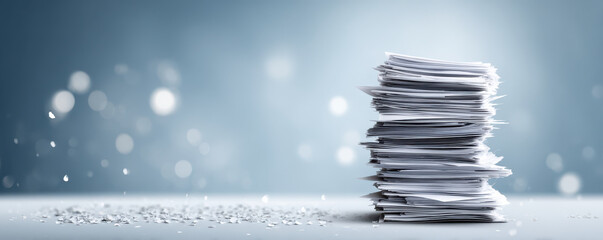 High stack of paper document with scattered paper pieces on blue background