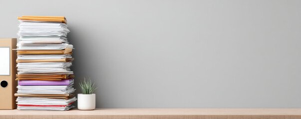 High stack of papers and folders on wooden desk with small plant and gray wall