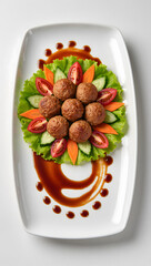 Creative food art presentation of bakso arranged like a flower with vegetables and sauce on a modern plate