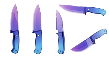 Colorful knives arranged on a white surface ideal for showcasing culinary tools or kitchen-themed content