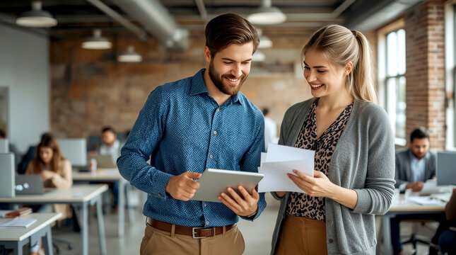 Portrait of architects having discussion in office. two smiling young professionals, a man and a woman, standing together in a modern, open-plan office. 