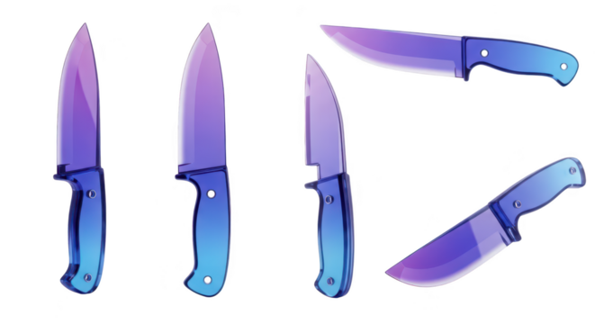 Colorful knives arranged on a white surface ideal for showcasing culinary tools or kitchen-themed content