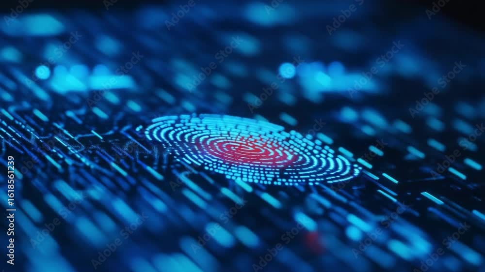 Poster digital fingerprint: a close-up shot of a digital fingerprint embedded within a complex circuit boar